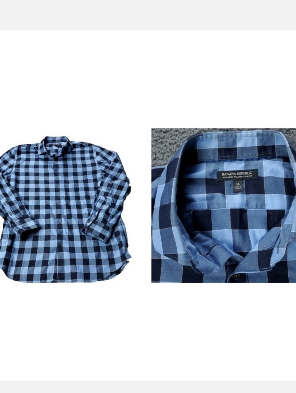 Banana Republic Shirt Mens XL Slim Fit Blue Long Sleeve Plaid Button Non Iron